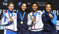 Women's Foil Podium (l to r Inna Deriglazova, Elisa Di Francisca, Ysaora Thibus & Alice Volpi)